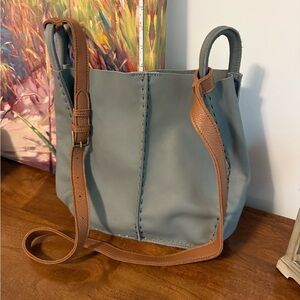 Stylish Blue Grey Tote Bag with Brown Strap